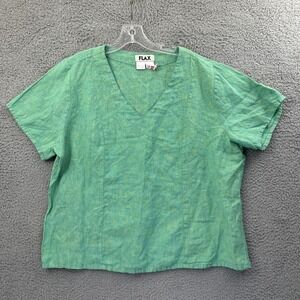 Flax 100% Linen Short Sleeve V Neck Top Lagenlook Boho Beachy Women's Large